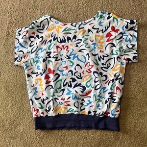 Vintage Judy Bond White Top with Primary Color Abstract Floral Pattern Size 16